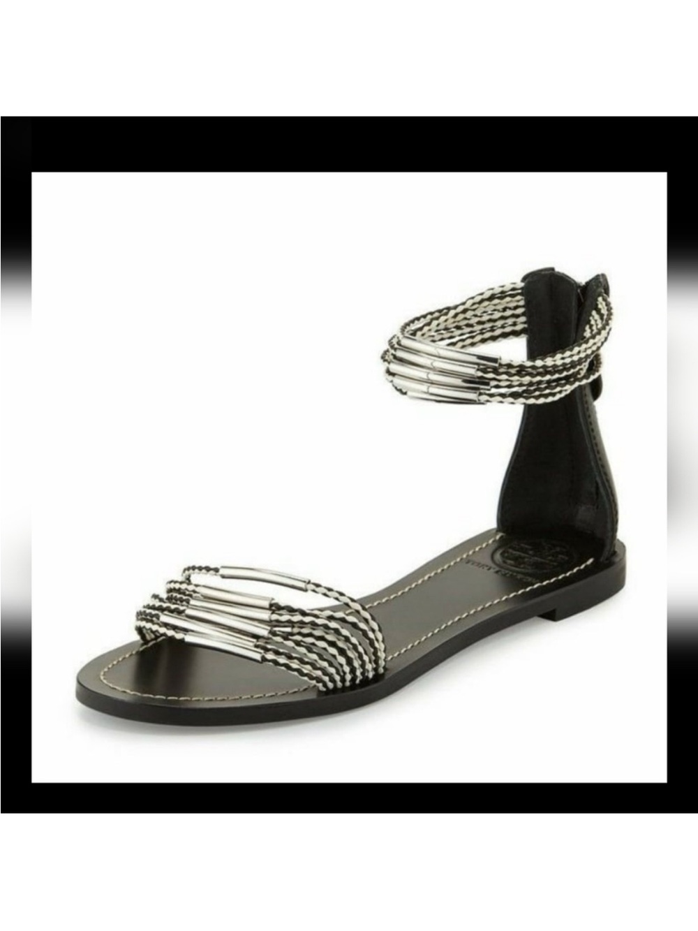 Tory Burch Black and Silver Beaded Ankle-Strap Sandal